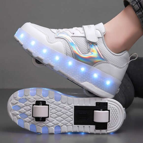 Kid's White New Upgraded Wheels Shiny Dark Roller Skates Skate Beautiful Shoes - Picture 5 of 7